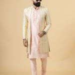 Alluring Pastel Thread Embroidered Cream Open Sherwani with Kurta Pajama Set | Father Son Combo | Jaipurio Collection